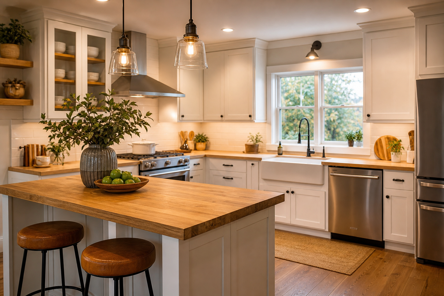 Modern updated kitchen with white cabinets and butcher block countertops