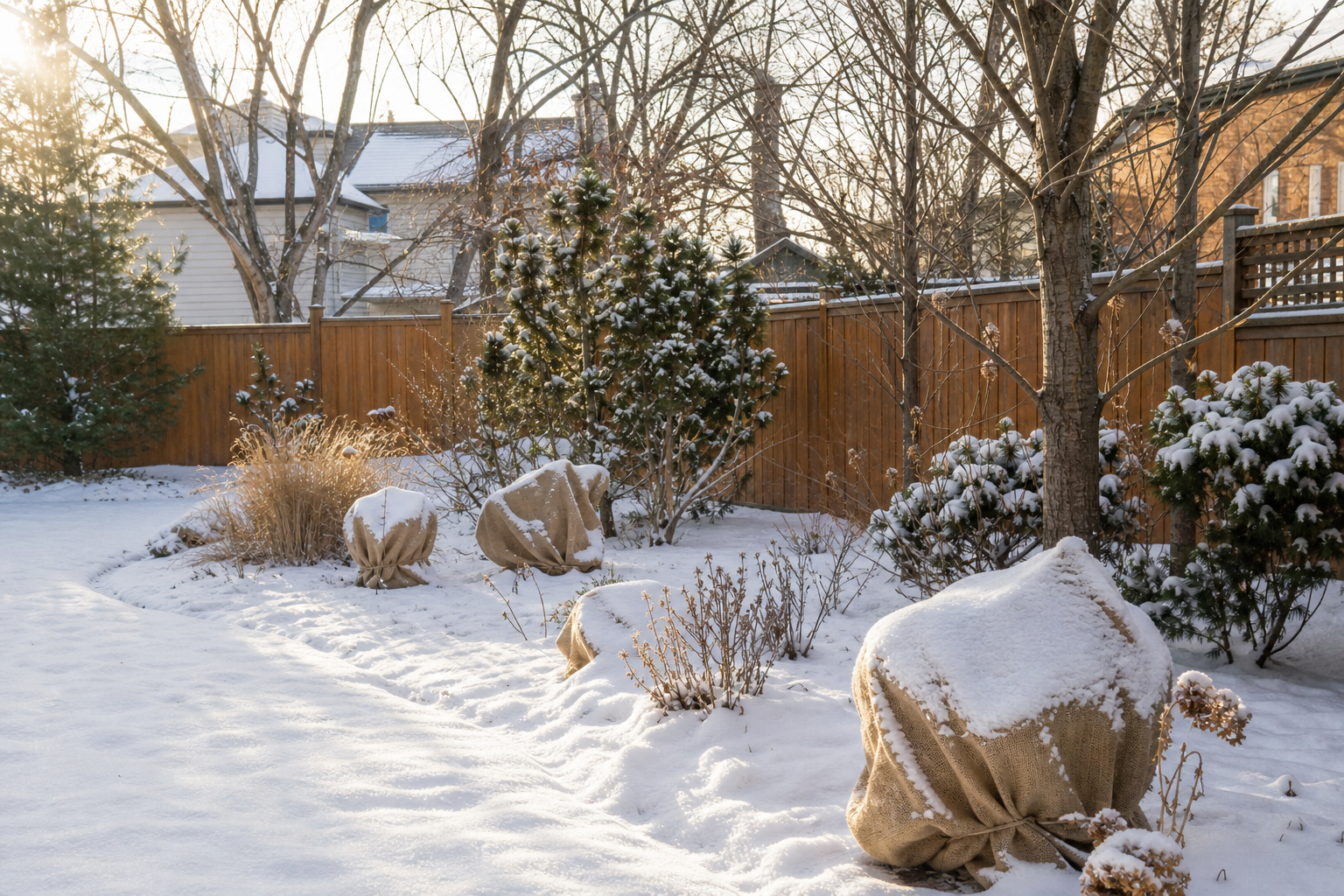 Snow-covered Canadian backyard garden with mulched beds and wrapped shrubs