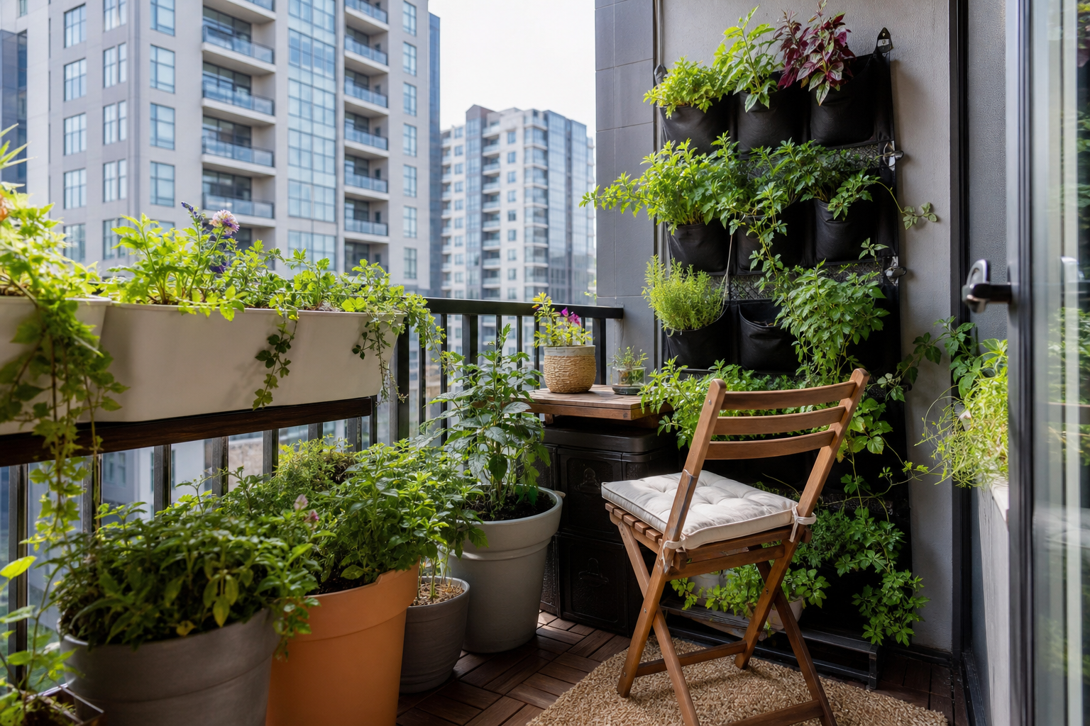 Compact balcony garden with vertical planters and portable pots in an urban apartment