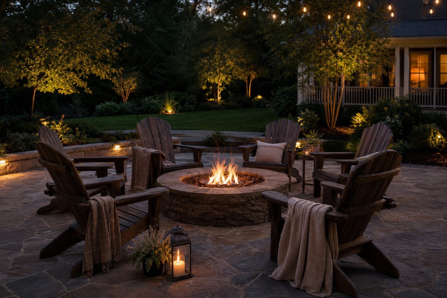 Stone fire pit surrounded by Adirondack chairs in a landscaped backyard