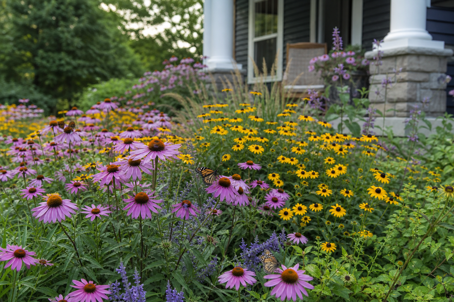 Native wildflower garden with coneflowers and black-eyed susans