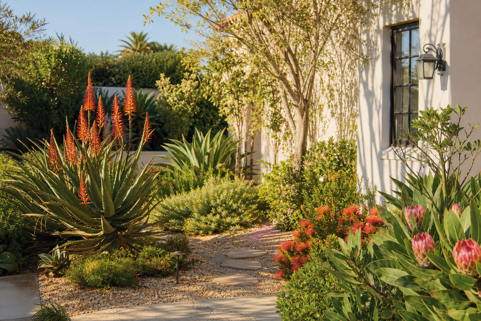 South African indigenous garden with aloes, proteas, and gravel mulch in sunny backyard