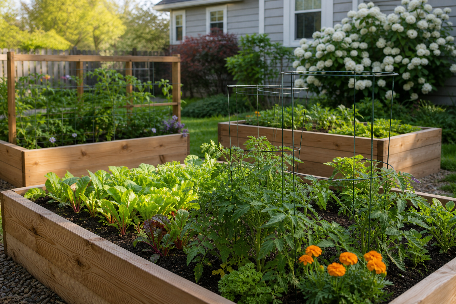 Raised vegetable garden beds with spring seedlings in an American backyard