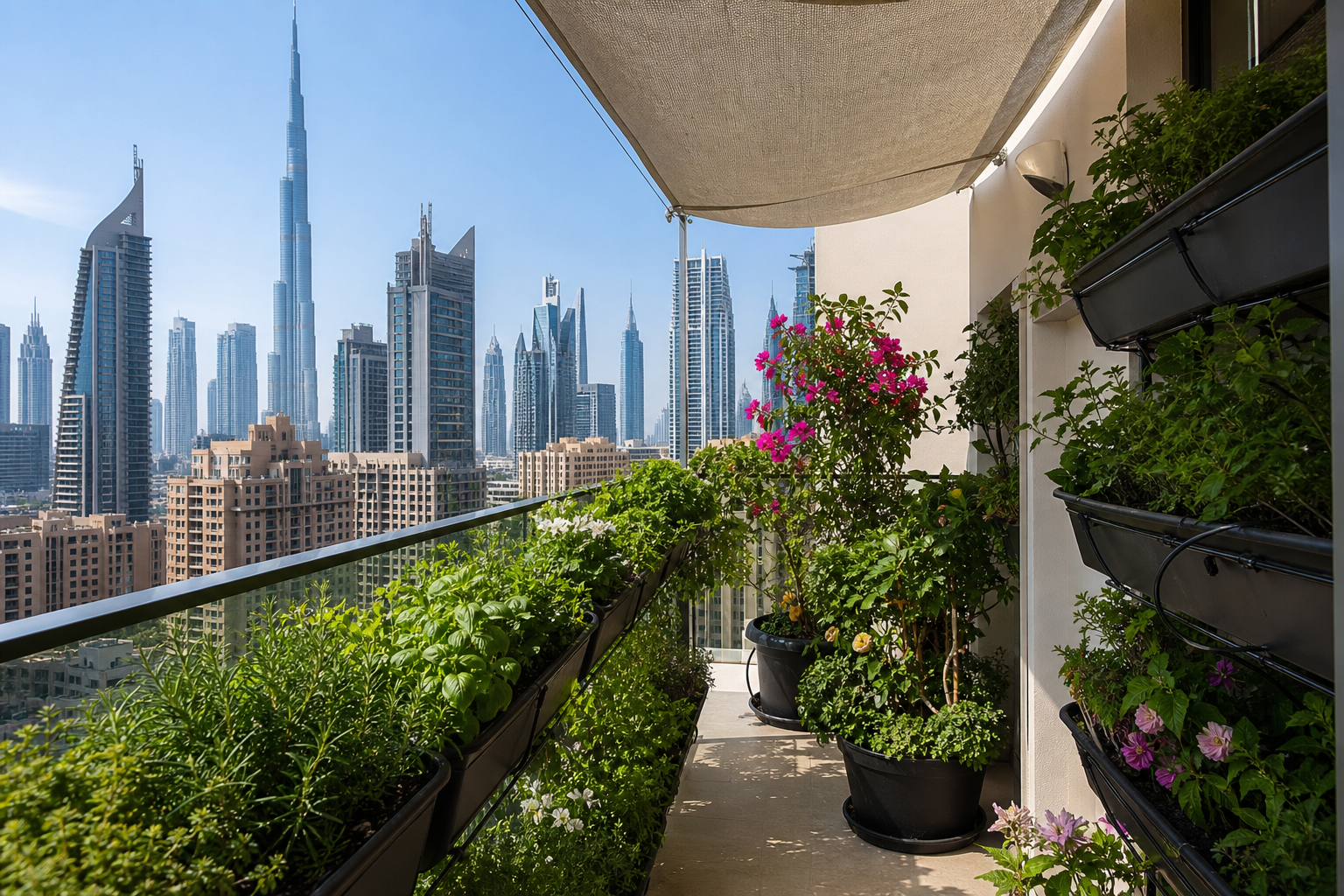 UAE apartment balcony with potted plants, shade screen, and drip irrigation in desert city