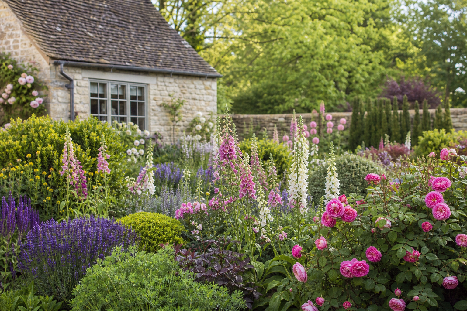 Colourful English cottage garden with foxgloves and lavender in spring bloom